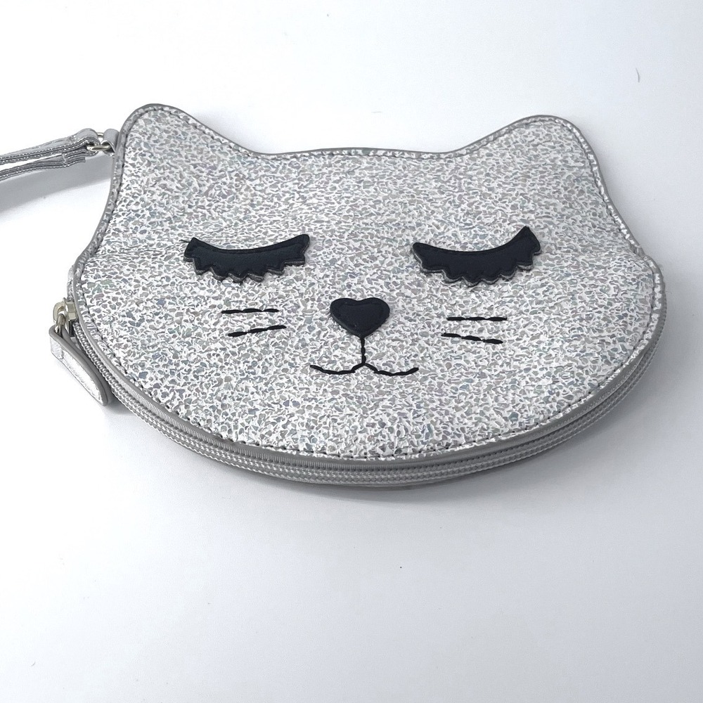 Luv Betsey Betsey Johnson Sleeping Kitty Cat Face Silver Glitter Wristlet Clutch